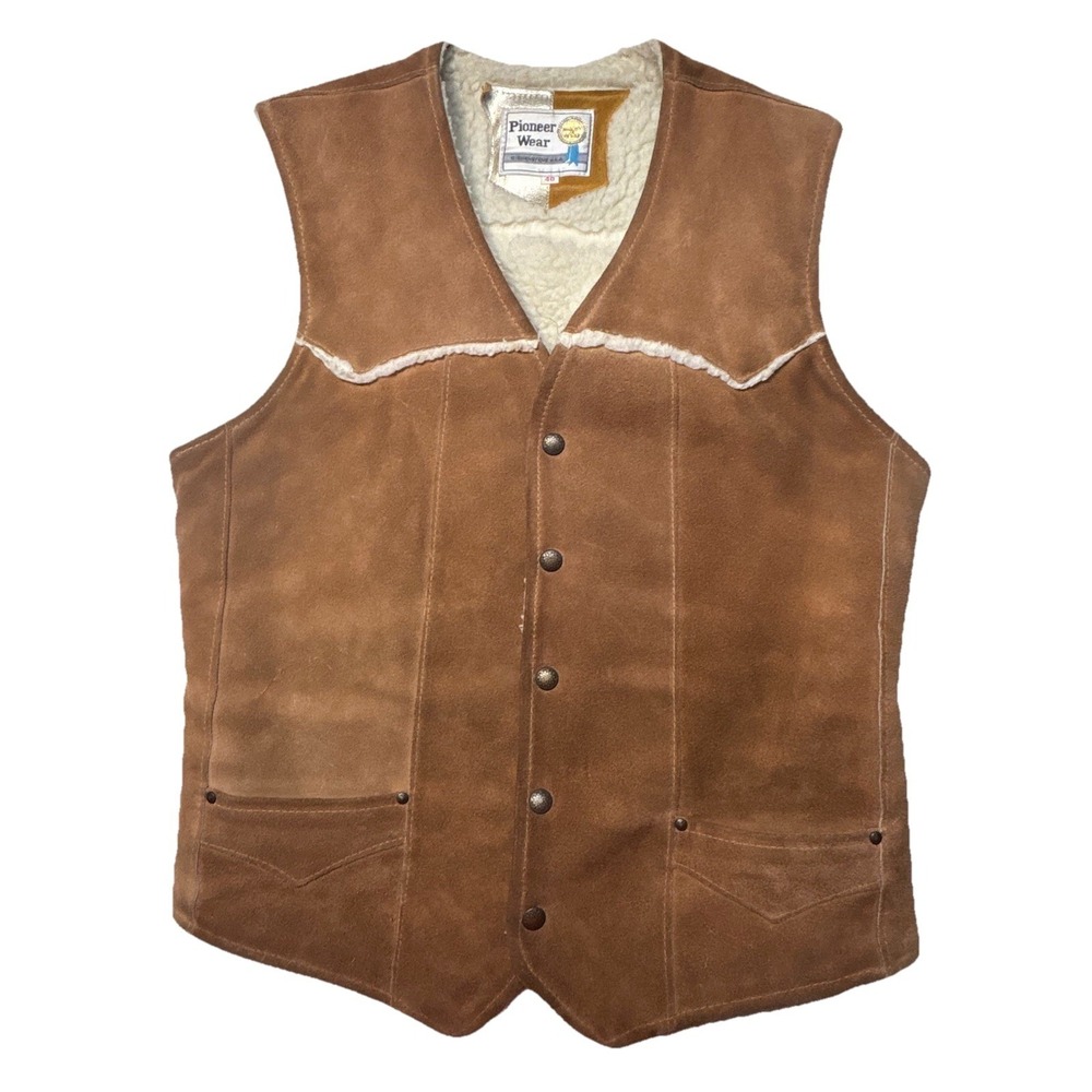 Vintage Pioneer Wear Suede Leather Shearling Lined Vest Brown Western Snap 40